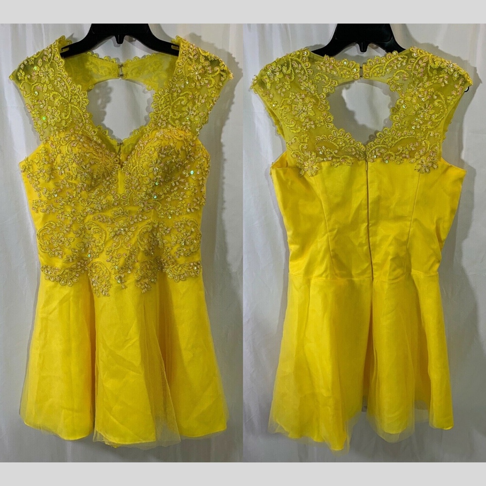 NEW Terani Couture V neck Embroidered Mesh Mini Dress in Yellow [SZ 10‎ ]
